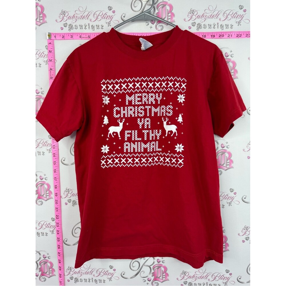 T-shirt Red Short Sleeve Graphic Tee Holiday 'Merry Christmas Ya Filthy Animal'